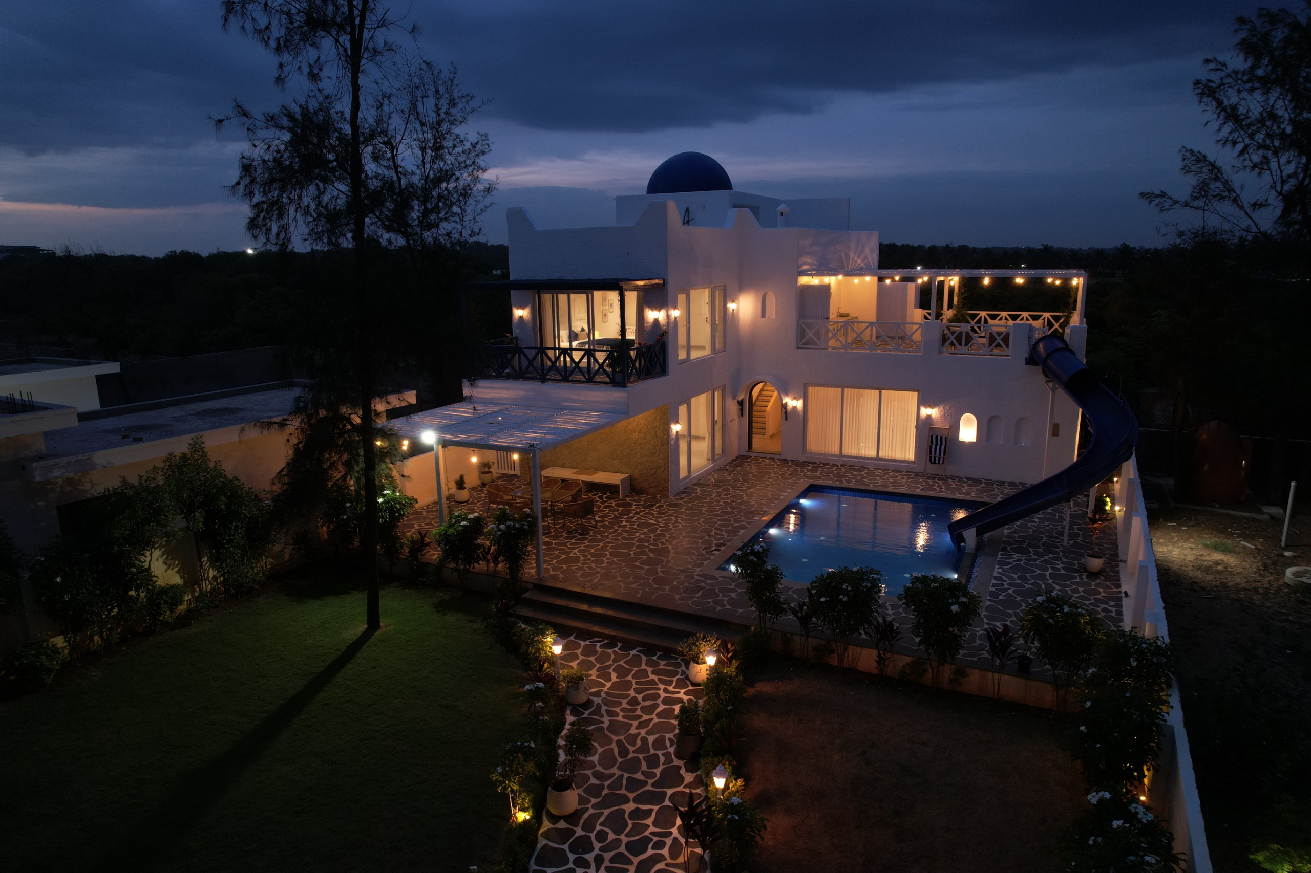 Casa Santorini | Greek Style 2-BHK Villa With Private Pool,Water Slide,Garden Open Shower